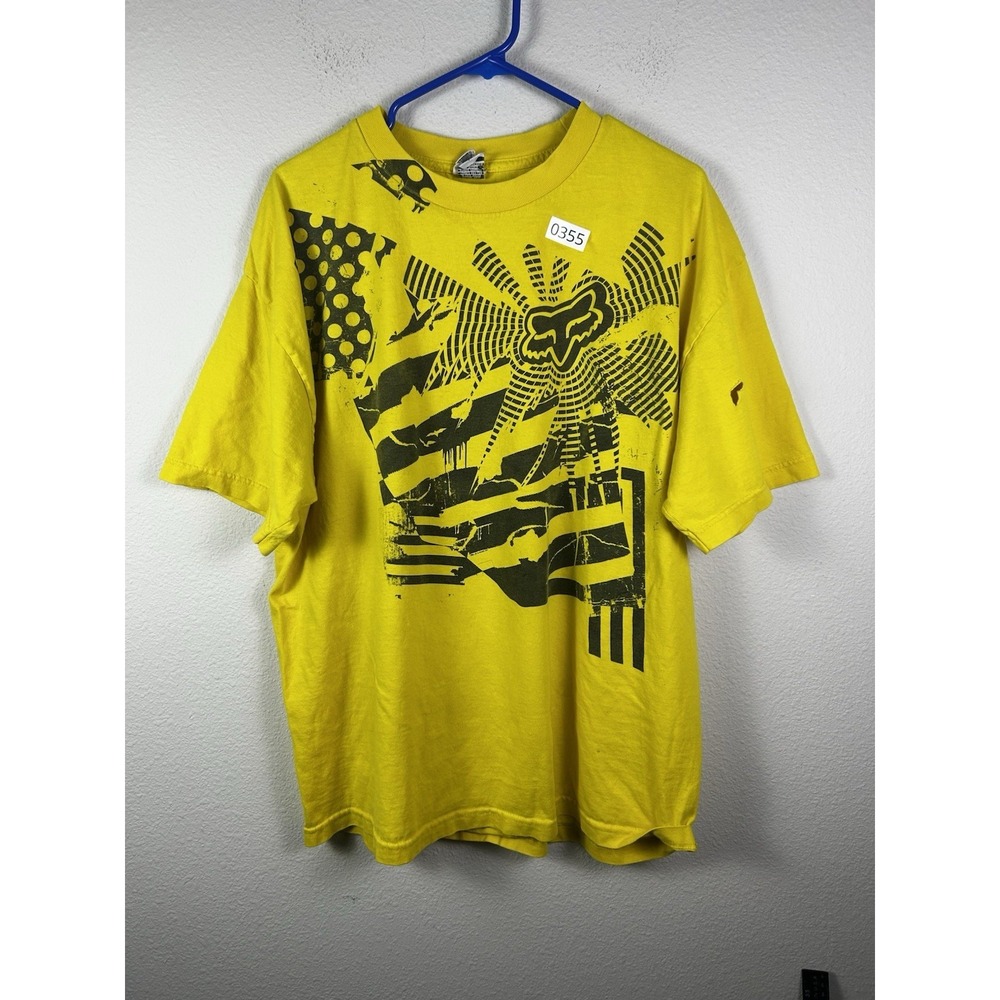 Y2K Yellow Fox Racing T-Shirt XL Logo Moto Vintage 00s Motocross‎ Cotton Mens